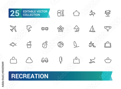 Set of recreation line icons. Entertainment, hobby, vacation, sports, tourism and more. Web line icon. Outline pictogram. Editable stroke. Pixel perfect, vector illustration.