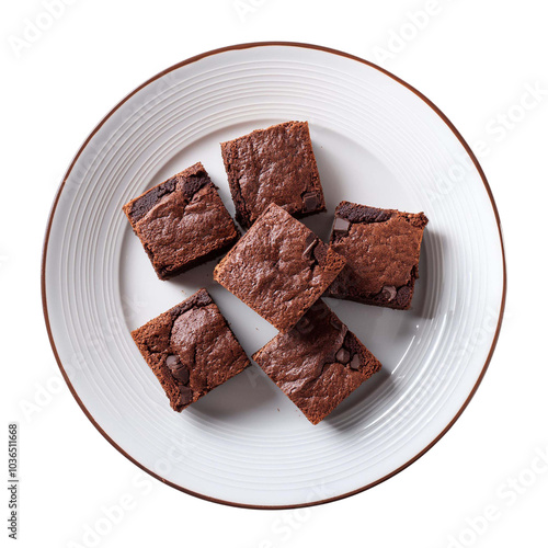 Brownies on white plate on transparent background top view