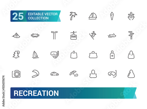 Set of recreation line icons. Entertainment, hobby, vacation, sports, tourism and more. Web line icon. Outline pictogram. Editable stroke. Pixel perfect, vector illustration.