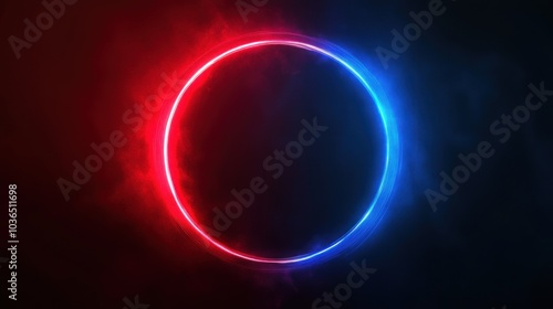 A glowing circular design with red and blue hues against a dark background.