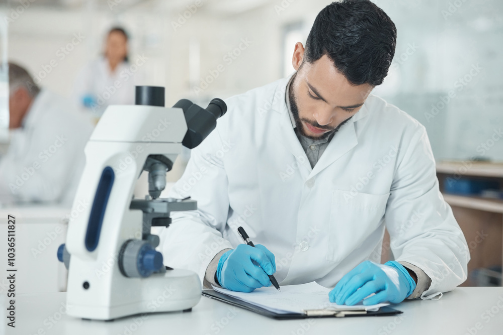 Fototapeta premium Scientist, man and writing with checklist in lab for study, stats and results with microscope for research. Person, clipboard and documents for pharmaceutical innovation with medicine development