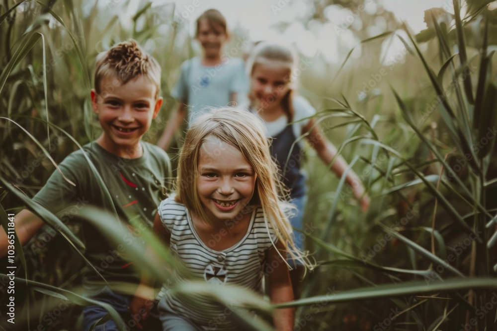 Group of happy children having fun in the field on a summer day Group of happy children having fun in the field on a summer day