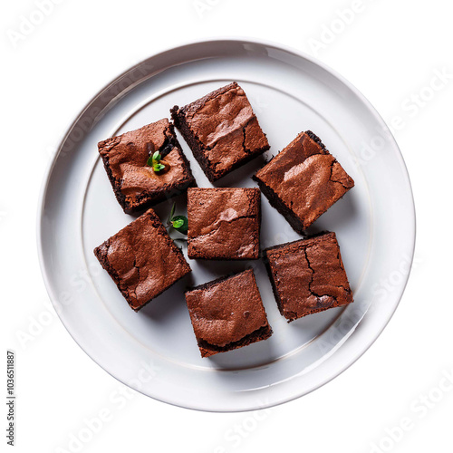 Brownies on white plate on transparent background top view