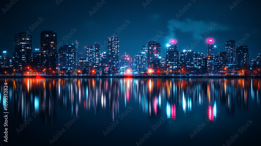 Fototapeta premium Vibrant city skyline reflecting on water during New Year's Eve celebrations at midnight