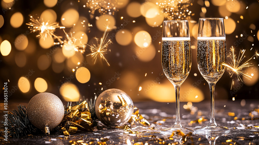 Celebrating New Year's Eve with sparkling champagne glasses and festive decorations on a table Celebrating New Year's Eve with sparkling champagne glasses and festive decorations on a table