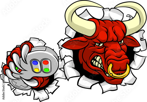 A bull or Minotaur monster longhorn cow angry mean video game gamer mascot cartoon character.