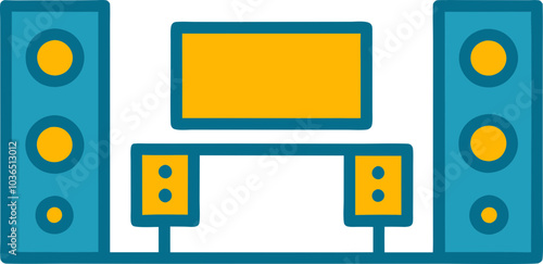 Home theater system icon with blue and yellow color scheme in a simple flat design, 간단한 플랫 디자인의 파란색과 노란색 색조로 표현된 홈 시어터 시스템 아이콘