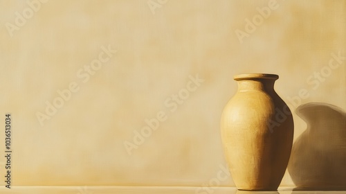 Tranquil ceramic water jar with a soft mirror like reflection resting in a minimal serene studio setting  The simple photo