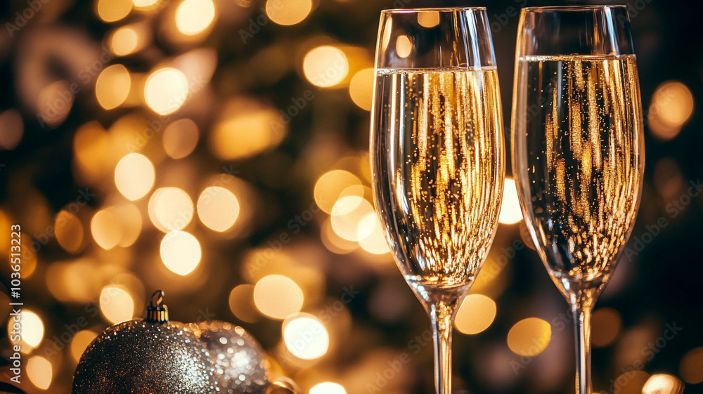Celebrating New Year’s Eve with festive champagne glasses in a cozy setting adorned with lights Celebrating New Year’s Eve with festive champagne glasses in a cozy setting adorned with lights