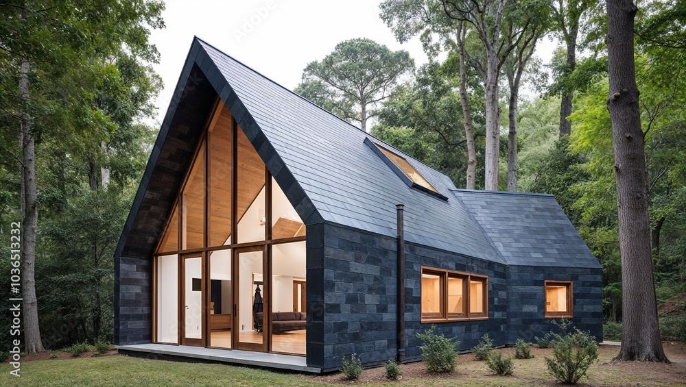 Fototapeta premium modern, minimalist cabin set in a lush, forested environment. The structure features a sleek, dark exterior with horizontal wooden paneling
