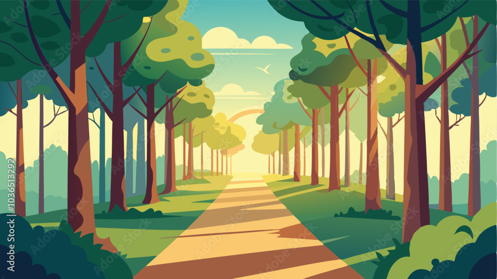 Obraz premium Towering trees line the path dappled with sunshine creating a peaceful and serene atmosphere.