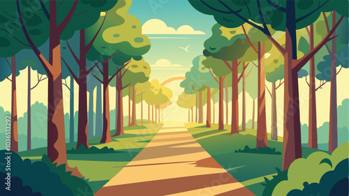 Towering trees line the path dappled with sunshine creating a peaceful and serene atmosphere.