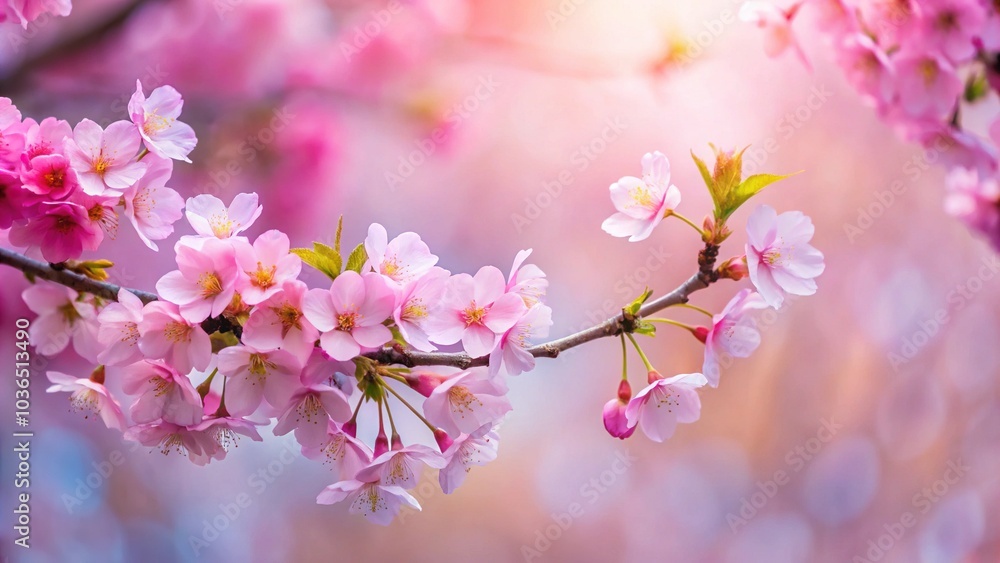 Pink Cherry Blossom Tree Branch with Copy Space - Japanese Spring Floral Art Pink Cherry Blossom Tree Branch with Copy Space - Japanese Spring Floral Art
