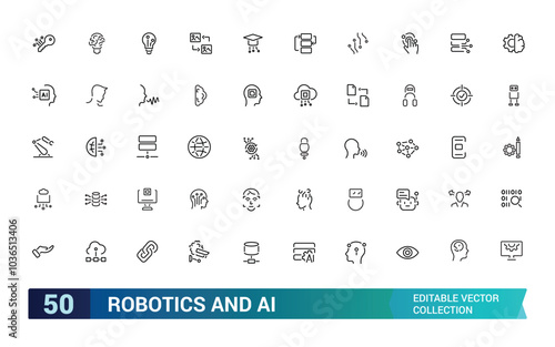 Set of robotics and AI icons. Set with robot and bot technology, artificial intelligence, engineering, automated machinery. Editable stroke.
