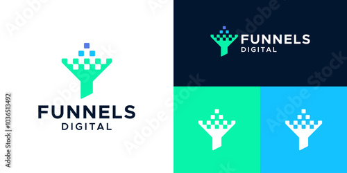 Abstract funnel logo design. Funneling logo with technology digital pixel modern marketing design graphic symbol icon vector.