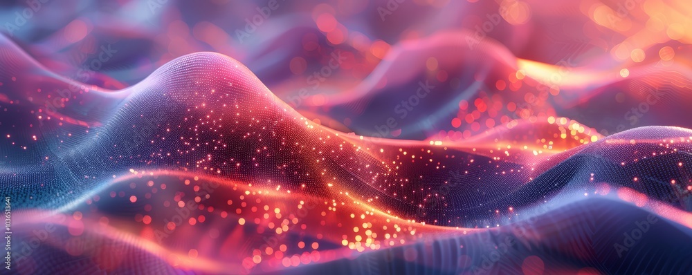 A vibrant, abstract landscape of undulating waves illuminated with sparkling particles, creating a dreamy, colorful effect. A vibrant, abstract landscape of undulating waves illuminated with sparkling particles, creating a dreamy, colorful effect.