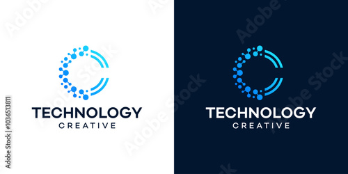 Letter C with technology models. Logo design initial C for symbol tech, internet, system, Artificial Intelligence, Blockchain, molecule and system graphic symbol icon vector.