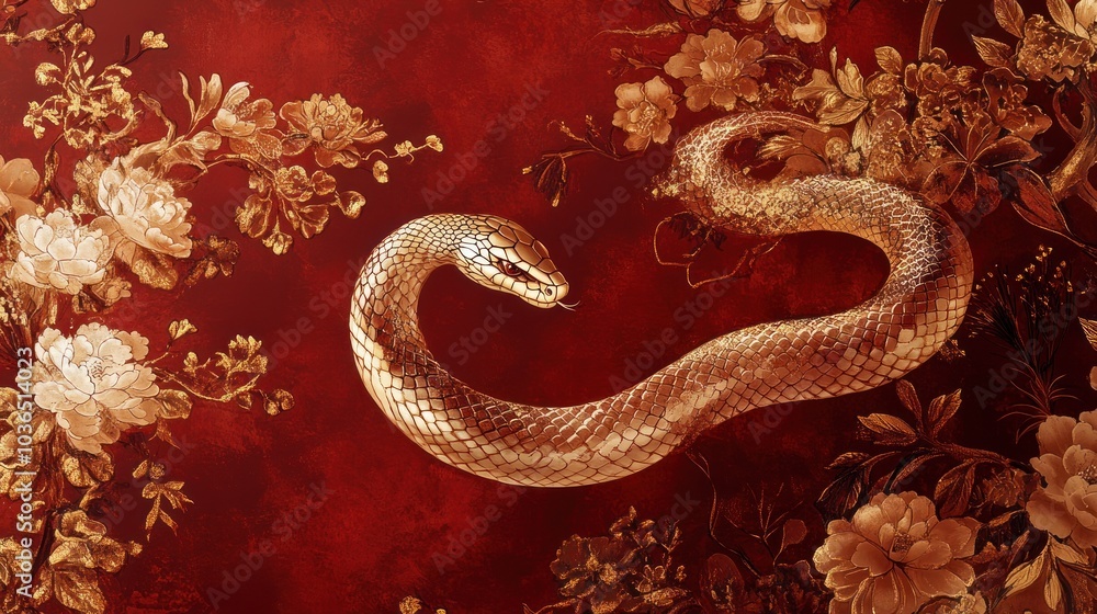 Obraz premium Golden Snake Coiling Through Gold-Leaf Floral Pattern on a Red Background