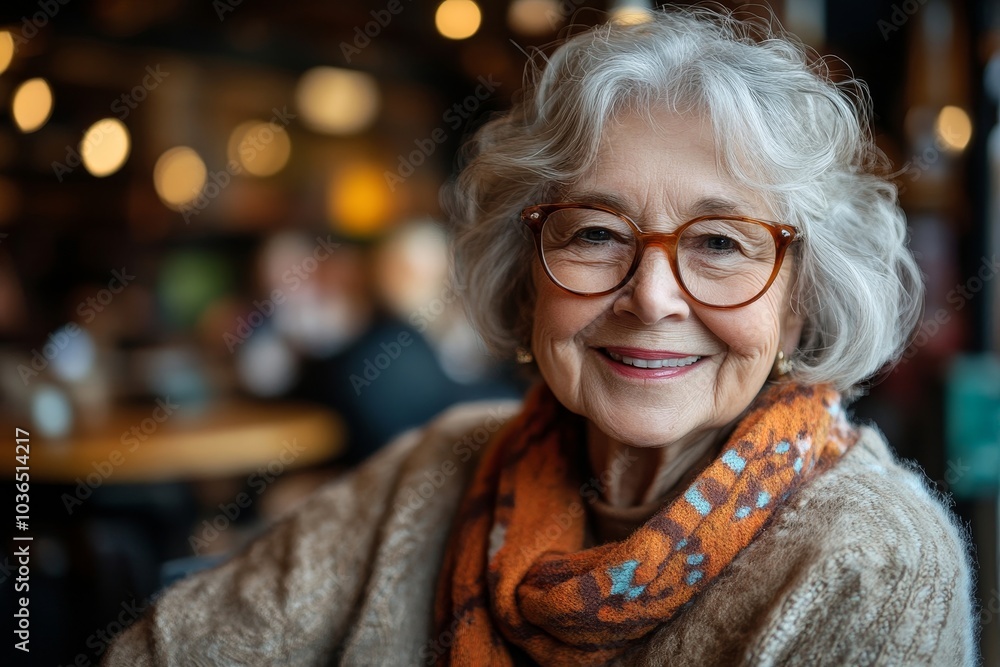 Happy senior woman sitting in a cafe, Generative AI Happy senior woman sitting in a cafe, Generative AI