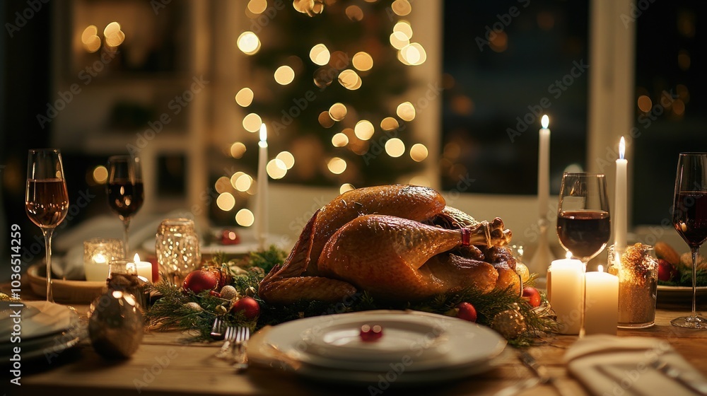 A festive dinner table featuring a roasted turkey, candles, and wine, set for a celebration. A festive dinner table featuring a roasted turkey, candles, and wine, set for a celebration.