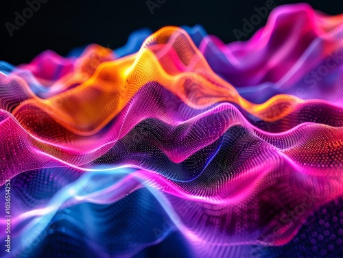 An abstract wave-like structure featuring vibrant colors of pink, orange, and blue, creating a dynamic and visually captivating pattern.