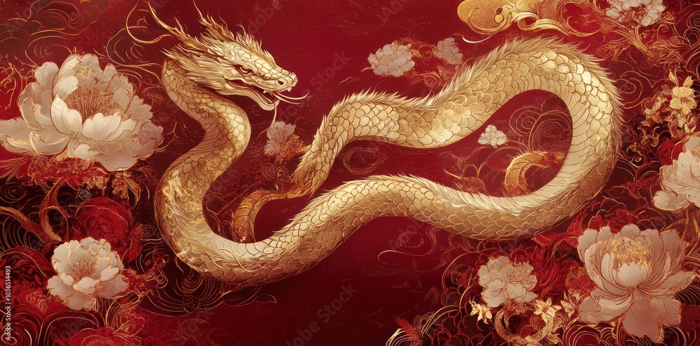 Golden Dragon with Floral Motifs on a Red Background Golden Dragon with Floral Motifs on a Red Background