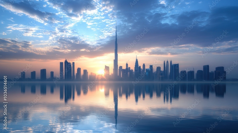 A stunning skyline at sunrise, reflecting on water with modern buildings and clouds. A stunning skyline at sunrise, reflecting on water with modern buildings and clouds.