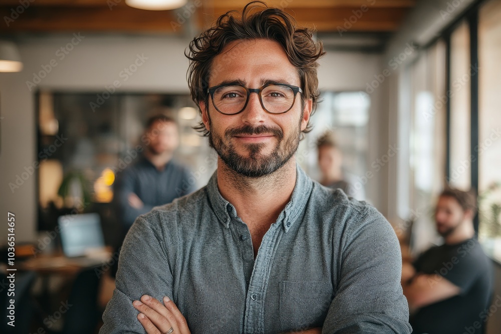 Successful entrepreneur in office with team at back, Generative AI Successful entrepreneur in office with team at back, Generative AI