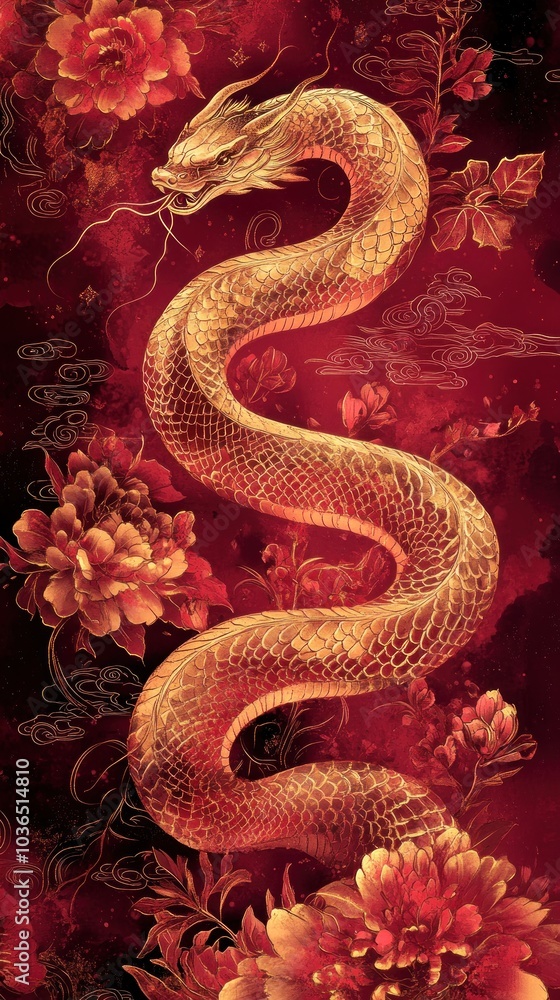 Golden Dragon Surrounded by Red Flowers and Clouds Golden Dragon Surrounded by Red Flowers and Clouds