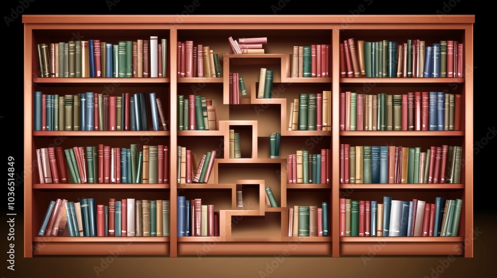 A large wooden bookshelf filled with books, with a unique design in the center. A large wooden bookshelf filled with books, with a unique design in the center.