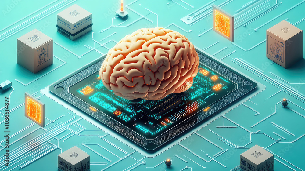 Brain and chip, electronic connection, artificial intelligence concept Brain and chip, electronic connection, artificial intelligence concept