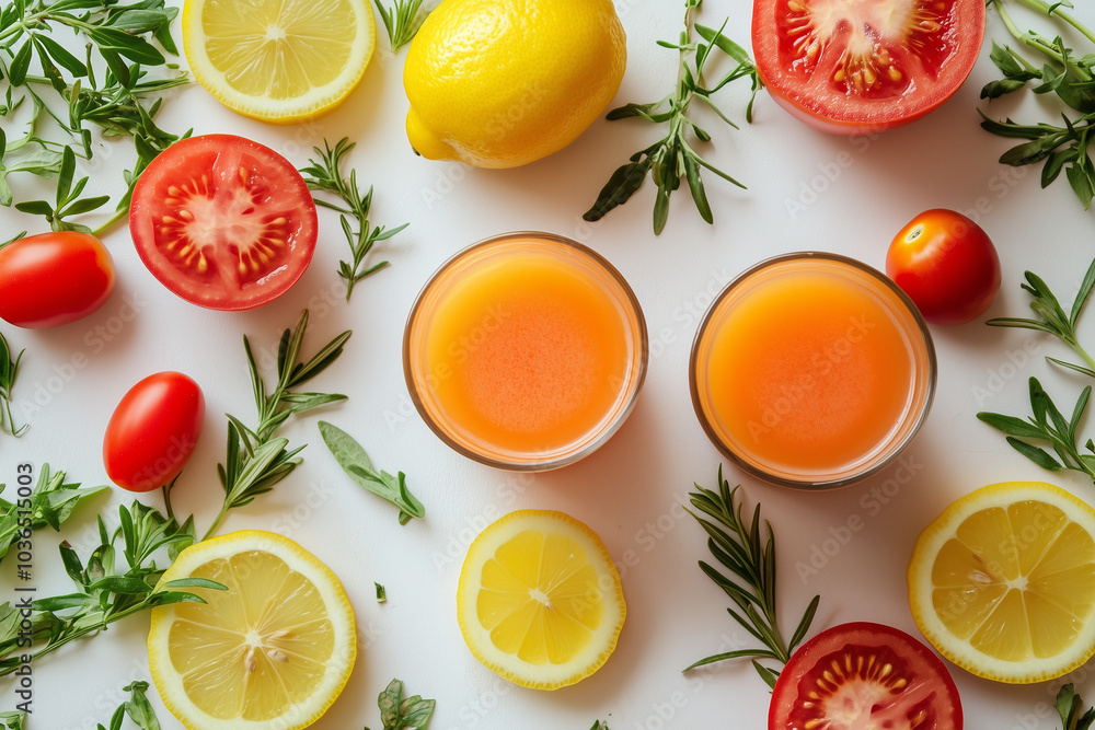Flat lay of fresh tomato juice with lemon slices