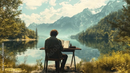 A writer engrossed in their work at a desk overlooking a tranquil lake, finding inspiration in the natural surroundings.