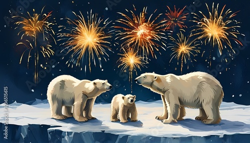 Joyful polar bears celebrating the new year under a firework-lit sky a magical winter scene capturing the spirit of family and festivity in the arctic landscape