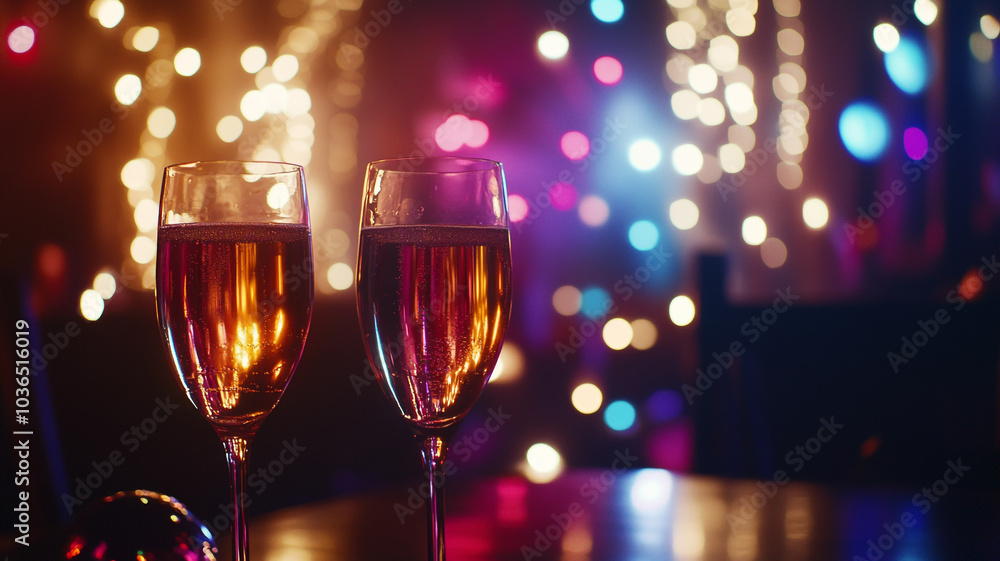 Celebratory drinks for New Year's Eve amidst festive lights in a lively venue Celebratory drinks for New Year's Eve amidst festive lights in a lively venue