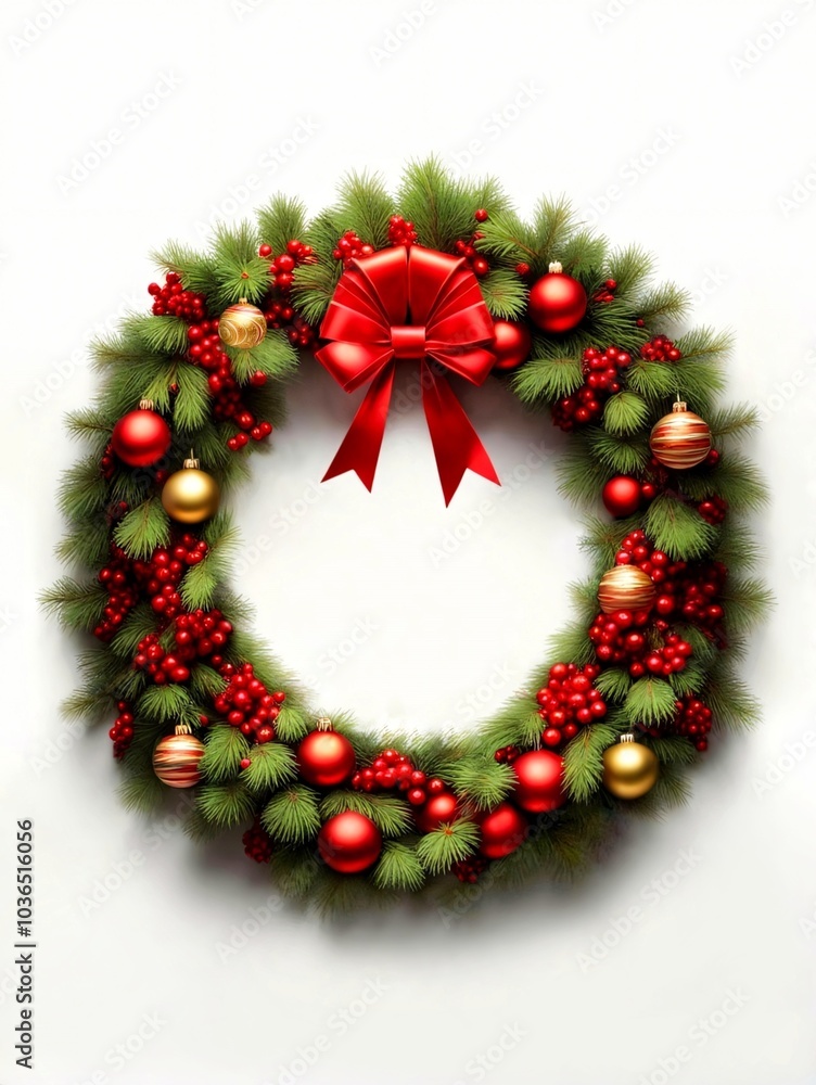 Christmas decoration wreath white background, pine berry bauble red ribbon bow, copy space Christmas decoration wreath white background, pine berry bauble red ribbon bow, copy space