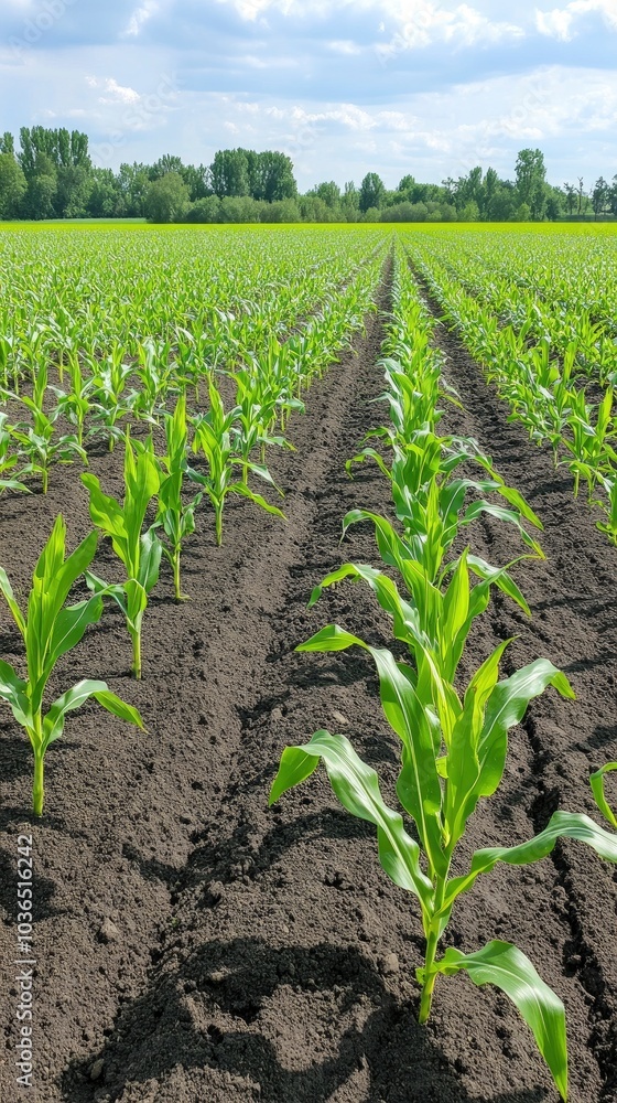 A large field of black soil with rows of green corn sprouts growing in the foreground A large field of black soil with rows of green corn sprouts growing in the foreground