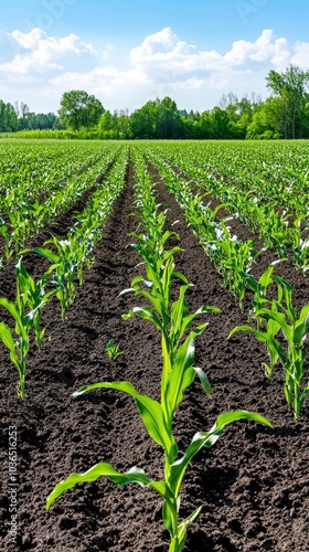 A large field of black soil with rows of green corn sprouts growing in the foreground