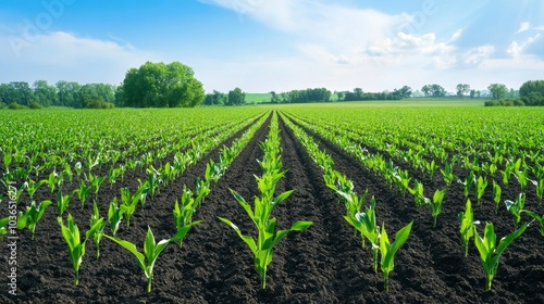 A large field of black soil with rows of green corn sprouts growing in the foreground