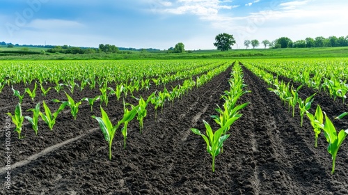 Wallpaper Mural A large field of black soil with rows of green corn sprouts growing in the foreground Torontodigital.ca