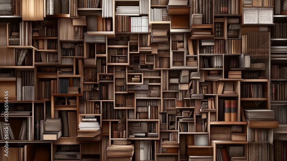 A wall of bookshelves filled with books, in various sizes, colors, and textures. A wall of bookshelves filled with books, in various sizes, colors, and textures.