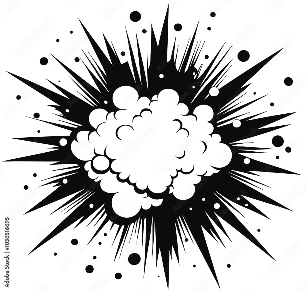 Black and white comic explosion vector, bold lines, halftone style, simple design Black and white comic explosion vector, bold lines, halftone style, simple design