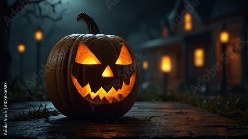 A glowing jack-o-lantern with a sinister grin sits in front of a spooky haunted house on a foggy Halloween night.