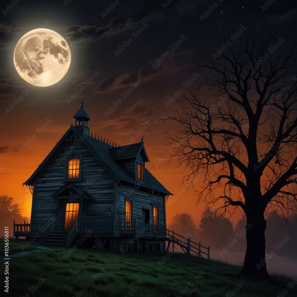A spooky, abandoned wooden house with glowing windows sits under a full moon in a misty field with a bare tree in the background. A spooky, abandoned wooden house with glowing windows sits under a full moon in a misty field with a bare tree in the background.