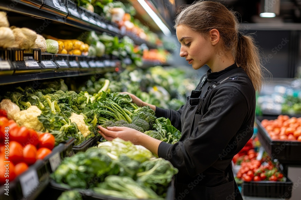 Trainee stocking up fresh vegetables on shelf in supermarket, Generative AI Trainee stocking up fresh vegetables on shelf in supermarket, Generative AI