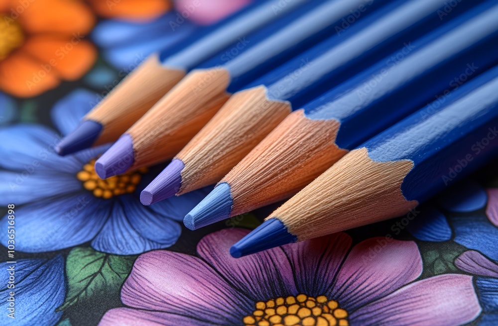 Creative Art: Blue Pencils and Vibrant Purple Flowers in an Abstract, Artistic Design Creative Art: Blue Pencils and Vibrant Purple Flowers in an Abstract, Artistic Design