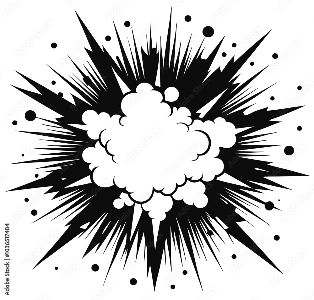 Black and white comic explosion vector, bold lines, halftone style, simple design Black and white comic explosion vector, bold lines, halftone style, simple design