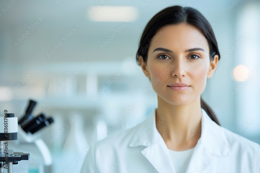 Confident female scientist with microscope in lab Confident female scientist with microscope in lab