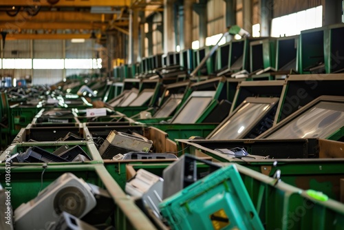 Rows of Green Recycling Bins Filled with Discarded Televisions photo