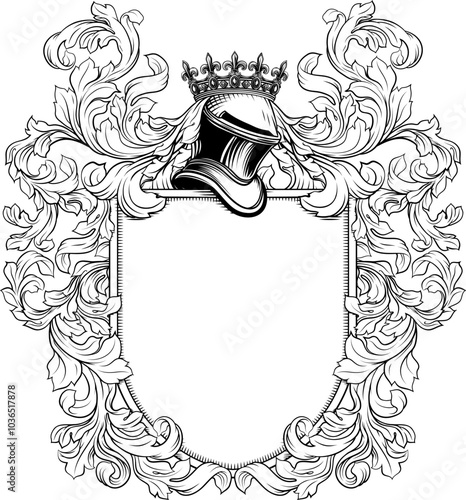 A shield crest heraldic armorial knight helmet medieval family coat of arms with filigree heraldry illustration in vintage woodcut style photo